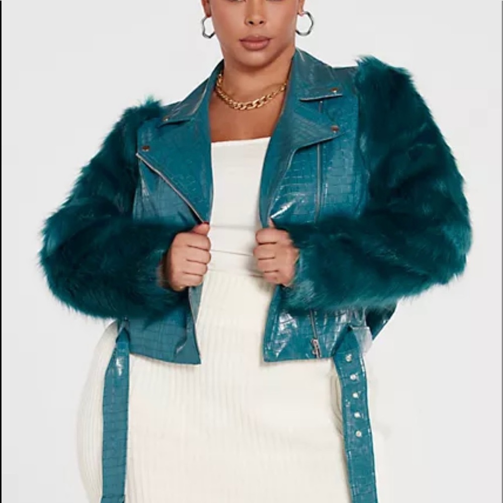 -Jamila Croc Faux Leather Moto Jacket With Fur Sleeves